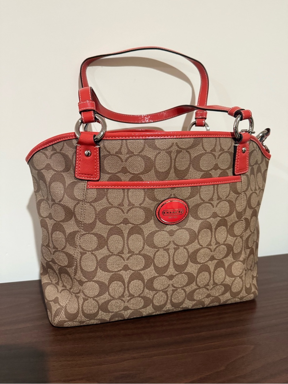 Coach Brown Signature Canvas Tote with Orange Trim